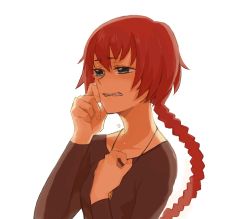 Rule 34 | 1girl, braid, darker than black, green eyes, hand on own chest, jewelry, kuromu (kaeru), long hair, necklace, red hair, simple background, solo, suou pavlichenko, tears, upper body
