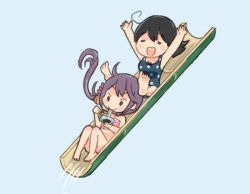 Rule 34 | 2girls, ahoge, akebono (kancolle), arms up, bamboo, barefoot, bell, bikini, black hair, brown hair, chibi, comic, commentary request, eating, closed eyes, flower, hair bell, hair between eyes, hair flower, hair ornament, kantai collection, long hair, multiple girls, one-piece swimsuit, open mouth, purple hair, saiguchi otoufu, side ponytail, smile, spots, swimsuit, ushio (kancolle), water slide