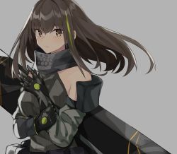 Rule 34 | 1girl, adjusting clothes, adjusting gloves, aogisa, bandana, bare shoulders, black gloves, black hair, blush, breasts, brown eyes, closed mouth, elbow pads, eyelashes, girls&#039; frontline, gloves, grey background, highres, long hair, looking at viewer, m4a1 (girls&#039; frontline), m4a1 (mod3) (girls&#039; frontline), mod3 (girls&#039; frontline), multicolored hair, pouch, ribbed shirt, shirt, simple background, skull print, sleeveless, solo, strap, streaked hair, two-tone hair, upper body