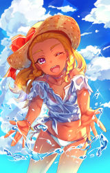Rule 34 | 1girl, ;d, absurdres, amamiya elena, bare shoulders, bikini, blonde hair, blue sky, blush, bow, braid, breasts, brown hat, choker, cleavage, cloud, cloudy sky, collarbone, commentary request, cowboy shot, dark-skinned female, dark skin, day, floating hair, hat, hat bow, head tilt, highres, leaning forward, long hair, looking at viewer, mole, mole under eye, navel, off-shoulder shirt, off shoulder, one eye closed, open mouth, orange bow, outstretched arms, pink eyes, precure, satou (kuso-neet), shiny skin, shirt, short sleeves, side-tie bikini bottom, side braid, sky, small breasts, smile, solo, sparkle, standing, star twinkle precure, sun hat, swimsuit, tied shirt, water, wet, wet clothes, wet shirt, white bikini