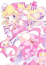 Rule 34 | 1girl, :d, absurdres, arm up, blonde hair, boots, bow, clock, cloud print, commentary request, crop top, curly hair, detached sleeves, gloves, hair ornament, highres, idol clothes, idol time pripara, long hair, looking at viewer, multicolored eyes, navel, open mouth, pink bow, pink footwear, pink gloves, pink skirt, pink thighhighs, pleated skirt, pretty series, pripara, puffy detached sleeves, puffy sleeves, ranirani (syohousen8), sidelocks, skirt, smile, solo, star (symbol), star hair ornament, thighhighs, two side up, yumekawa yui