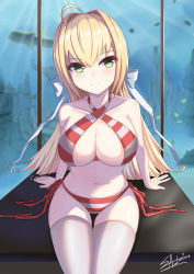 Rule 34 | 1girl, absurdres, ahoge, animal, aquarium, bare arms, bare shoulders, bikini, blonde hair, blurry, blurry background, blush, bow, breasts, cleavage, closed mouth, collarbone, commentary request, depth of field, fate/grand order, fate (series), fish, green eyes, hair between eyes, hair bow, hair intakes, halterneck, highres, large breasts, long hair, looking at viewer, navel, nero claudius (fate), nero claudius (fate) (all), nero claudius (swimsuit caster) (fate), sato art, side-tie bikini bottom, signature, smile, solo, striped bikini, striped clothes, swimsuit, thighhighs, very long hair, water, white bow, white thighhighs