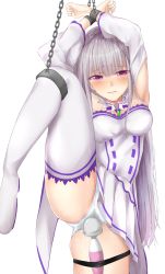 Rule 34 | 1girl, armpits, arms up, ass, bare shoulders, bdsm, boots, bound, bound wrists, breasts, chain, chained, clenched teeth, clothes lift, crotch seam, detached sleeves, emilia (re:zero), forced orgasm, half-closed eyes, highres, hitachi magic wand, leg lift, leg up, long hair, medium breasts, mumumu hoshibito, panties, purple eyes, pussy juice, re:zero kara hajimeru isekai seikatsu, saliva, sex toy, skirt, skirt lift, solo, standing, standing on one leg, sweat, tears, teeth, thigh boots, thighhighs, underwear, vibrator, vibrator over clothes, wet, wet clothes, wet panties, white background, white hair, white panties