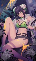 Rule 34 | 1girl, bare shoulders, bikini, black hair, breasts, chainsaw, qin liangyu (chainsaw of the dead) (fate), cleavage, craft essence (fate), double bun, fate/grand order, fate (series), green eyes, medium breasts, midriff, navel, official art, open mouth, qin liangyu (fate), saitou hiroki, shorts, sitting, solo, star (symbol), stomach, swimsuit