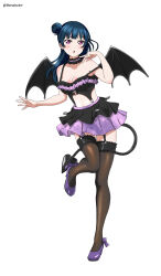 1girl :o absurdres artist_name black_skirt black_tank_top black_thighhighs blue_hair blush breasts cleavage demon_girl demon_tail demon_wings dorsalecart full_body hair_bun highres layered_skirt long_hair looking_at_viewer love_live! love_live!_sunshine!! medium_breasts midriff navel open_mouth purple_eyes purple_footwear purple_skirt simple_background single_hair_bun skirt smile solo tail tank_top thighhighs tsushima_yoshiko two-tone_skirt white_background wings