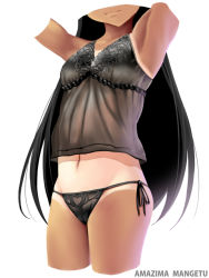 Rule 34 | 1girl, amazima mangetu, armpits, arms up, artist name, black panties, black shirt, breasts, camisole, closed mouth, commentary request, cropped arms, cropped legs, facing viewer, head out of frame, light smile, lingerie, long hair, navel, one-piece tan, original, panties, shirt, side-tie panties, signature, simple background, small breasts, solo, standing, tan, tanline, underwear, underwear only, white background