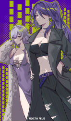 Rule 34 | 2girls, absurdres, acheron (honkai: star rail), ahoge, alternate costume, alternate hairstyle, bandeau, bare shoulders, belt, black coat, black pants, black swan (honkai: star rail), breasts, cleavage, coat, collarbone, commentary, covered navel, dress, english commentary, hair intakes, hand in own hair, highres, honkai: star rail, honkai (series), long hair, long sleeves, looking at viewer, midriff, multiple girls, navel, nocta felis, open clothes, open coat, pants, ponytail, purple belt, purple dress, purple eyes, purple hair, sleeveless, sleeveless dress, smile, stomach, strapless, tube top, very long hair
