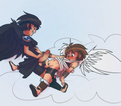 Rule 34 | 2boys, anonanim, black hair, blush, brown hair, cloud, comparison, dark pit, erection, flying, kid icarus, looking down, multiple boys, naughty face, nintendo, open clothes, penis, penis size difference, pit (kid icarus), sandals, small penis, smile, spread legs, testicles, wings, yaoi