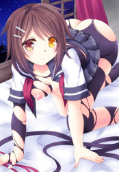 Rule 34 | 10s, 1girl, all fours, arm support, ass, bed, bed sheet, black gloves, black pantyhose, black shirt, breasts, brown eyes, brown hair, closed mouth, collarbone, curtains, elbow gloves, eyelashes, furutaka (kancolle), gloves, hair ornament, hairclip, hanging breasts, indoors, kantai collection, large breasts, lips, looking at viewer, neckerchief, night, night sky, nipples, on bed, open window, pantyhose, pleated skirt, sailor collar, school uniform, serafuku, shirt, short hair, short sleeves, single elbow glove, skindentation, skirt, sky, smile, solo, star (sky), tamagawa yukimaru, tareme, teardrop, tears, torn clothes, torn pantyhose, torn shirt, undone neckerchief, white shirt, window, yellow eyes