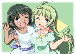 Rule 34 | 2girls, ahoge, arm around back, arm around shoulder, black hair, blue eyes, blunt bangs, blush, brazil, brazilian flag, breasts, cam (come489), company connection, crossover, dark-skinned female, dark skin, dress, flag background, flower ornament, green shirt, hairband, hand on another&#039;s waist, idolmaster, idolmaster cinderella girls, idolmaster million live!, large breasts, light green hair, long hair, looking at viewer, medium hair, multiple girls, natalia (idolmaster), one eye closed, open mouth, open palm, puffy sleeves, purple eyes, sash, shimabara elena, shirt, smile, standing, t-shirt, trait connection, upper body, very long hair, waving, white dress, yellow hairband