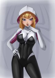 Rule 34 | 1girl, animification, blonde hair, blue eyes, bodysuit, breasts, cleavage, eyelashes, female focus, gwen stacy, hand on own hip, hood, large breasts, lips, looking at viewer, marvel, razorkun, skin tight, solo, spandex, spider-gwen, spider-man (series)