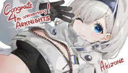 Rule 34 | 1girl, akizone, arknights, aurora (arknights), black gloves, black shirt, blue eyes, breasts, closed mouth, crop top, crop top overhang, cropped jacket, dutch angle, gloves, hair ornament, hairband, hairclip, hand up, jacket, long sleeves, medium breasts, midriff, one eye closed, puffy long sleeves, puffy sleeves, shirt, smile, solo, stomach, turtleneck, unzipped, upper body, white hair, white jacket, zipper