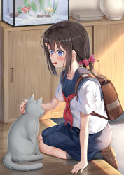 Rule 34 | 1girl, absurdres, animal, arm support, backpack, bag, bear hair ornament, blue sailor collar, blue skirt, blush, bow, brown footwear, brown hair, cat, commentary request, fish, fish tank, grey socks, hair between eyes, hair bow, hair ornament, hairclip, highres, loafers, long hair, low twintails, neckerchief, nedia (nedia region), open mouth, original, pink bow, pleated skirt, purple eyes, red neckerchief, sailor collar, school uniform, serafuku, shirt, shoe soles, shoes, short sleeves, skirt, socks, solo, twintails, water, white shirt, wooden floor