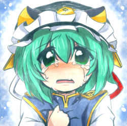 Rule 34 | 1girl, bad id, bad pixiv id, blush, crying, crying with eyes open, eromame, female focus, green eyes, green hair, hat, matching hair/eyes, shiki eiki, short hair, solo, tears, touhou, traditional media