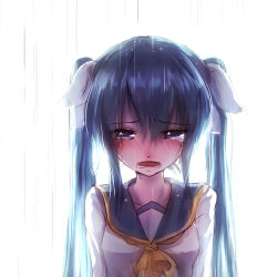 Rule 34 | 1girl, blue eyes, blush, collarbone, crying, crying with eyes open, green hair, hair ribbon, hatsune miku, highres, long hair, nose blush, open mouth, qys3, rain, revision, ribbon, shirt, solo, tears, twintails, upper body, vocaloid, white background