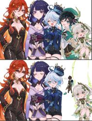 Rule 34 | 2boys, 4girls, ahoge, biker clothes, bikesuit, black bikesuit, black gloves, black hair, blue hair, bodysuit, braid, breasts, carrying, closed eyes, closed mouth, commentary request, earrings, furina (genshin impact), genshin impact, gloves, gradient hair, green eyes, green hair, hair ornament, hand on own hip, hat, heart, highres, jacket, japanese clothes, jewelry, large breasts, long hair, long sleeves, mavuika (genshin impact), medium breasts, mole, mole under eye, multicolored hair, multiple boys, multiple girls, nahida (genshin impact), nene chiru, one eye closed, open mouth, pointy ears, purple hair, raiden shogun, shorts, side ponytail, simple background, sunglasses, trap, twin braids, venti (genshin impact), white background, zhongli (genshin impact)