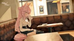 Rule 34 | 1girl, ahoge, animal ear fluff, animal ears, black skirt, black thighhighs, braid, cafe, closed mouth, commentary, commission, cup, fox ears, fox tail, green eyes, hair between eyes, highres, holding, holding cup, indoors, long hair, long sleeves, looking at viewer, mug, original, over-kneehighs, pink hair, saucer, signature, sitting, skeb commission, skirt, smile, solo, split mouth, spoon, sweater, table, tail, thighhighs, white sweater, window, yoshioka yoshiko