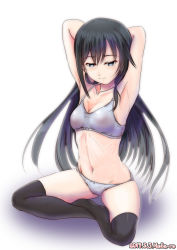 Rule 34 | 1girl, armpits, arms behind head, arms up, artist name, asashio (kancolle), black hair, black thighhighs, blue eyes, bow, bow bra, bow panties, bra, breasts, cameltoe, commentary request, crotch seam, dated, embarrassed, full body, grey bra, grey panties, groin, hair over shoulder, half-closed eyes, indian style, kantai collection, long hair, looking down, medium breasts, moke ro, navel, on floor, panties, sitting, skindentation, solo, sports bra, thighhighs, underwear, underwear only, very long hair, white background, white bra