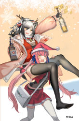 Rule 34 | 2girls, alternate costume, animal ear fluff, animal ears, antlers, arknights, arm up, bag, bandeau, bell, black gloves, black legwear, blue feathers, blue hair, bottle, carrying, cat ears, ceylon (arknights), chinese commentary, commentary request, fake antlers, feather hair, feathers, fingerless gloves, gloves, handbag, hat, highres, holding, holding bottle, horns, jacket, long hair, long sleeves, looking at viewer, midriff peek, miniskirt, multicolored hair, multiple girls, no shoes, official alternate costume, one eye closed, open clothes, open jacket, open mouth, piggyback, pink hair, pink jacket, pleated skirt, qihai lunpo, red headwear, red shirt, red skirt, santa hat, scarf, schwarz (arknights), schwarz (presents) (arknights), shirt, silver hair, skirt, streaked hair, thighhighs, thighs, twintails, v, very long hair, white legwear, white scarf, wrist cuffs, yellow eyes