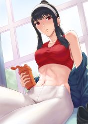 Rule 34 | 1girl, abs, bare shoulders, black hair, blue jacket, blush, bottle, breasts, collarbone, hairband, high ponytail, highres, holding, holding bottle, jacket, long hair, looking at viewer, medium breasts, midriff, mikame v2, navel, off shoulder, official alternate hairstyle, pants, parted lips, ponytail, red eyes, red sports bra, sidelocks, solo, sports bra, spy x family, stomach, sweat, water bottle, white hairband, white pants, window, yoga pants, yor briar