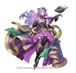 Rule 34 | 1girl, alternate costume, armor, bare shoulders, between breasts, book, breasts, camilla (alluring darkness) (fire emblem), camilla (fire emblem), cleavage, copyright name, detached sleeves, dress, female focus, fire emblem, fire emblem fates, fire emblem heroes, floating, floating book, floating object, frilled dress, frills, full body, gloves, hair over one eye, large breasts, long hair, looking at viewer, nintendo, official alternate costume, okuma mai, open book, pantyhose, purple eyes, purple gloves, purple hair, purple pantyhose, smile, solo, tiara, very long hair, wavy hair