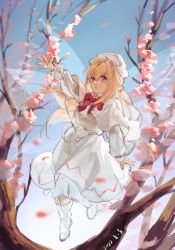 Rule 34 | 1girl, absurdres, arm up, blonde hair, blush, boots, bow, bowtie, branch, capelet, cherry blossoms, closed mouth, commentary, dated, day, dress, fairy wings, floating hair, full body, hair between eyes, hat, highres, light smile, lily white, long hair, long sleeves, looking at viewer, outstretched arm, red bow, red bowtie, red eyes, sky, sleeve cuffs, solo, symbol-only commentary, touhou, white capelet, white dress, white footwear, white hat, wings, yongyu366