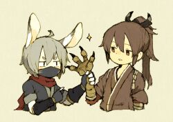 Rule 34 | 2boys, ahoge, animal ears, animal hands, arm at side, black ribbon, brown eyes, brown hair, brown kimono, claws, commentary request, covered mouth, cropped torso, dot nose, fewer digits, fingerless gloves, gloves, grey background, grey gloves, grey hair, hair between eyes, hair ribbon, hand up, hands up, high ponytail, japanese clothes, kagari (maniani), kimono, long hair, looking at another, male focus, maniani, mask, mouth mask, multiple boys, ninja mask, no sclera, original, parted lips, pointing, rabbit ears, red scarf, ribbon, sanpaku, scarf, short eyebrows, short hair, simple background, sparkle, thick eyebrows, trap, v-shaped eyebrows, yasuke (maniani)