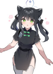 Rule 34 | 1girl, :o, animal ear fluff, animal ears, black dress, black hair, blue archive, bow, dress, green bow, green eyes, hair between eyes, halo, highres, ikeuchi tanuma, long hair, looking at viewer, parted lips, short sleeves, shun (blue archive), shun (small) (blue archive), simple background, solo, thighhighs, twintails, white background, white thighhighs
