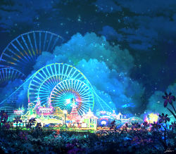 Rule 34 | absurdres, amusement park, architecture, carnival, carousel, cloud, cloudy sky, english text, fantasy, ferris wheel, flower, highres, kurasuta, no humans, original, outdoors, scenery, sky, star (sky), starry sky, symbol-only commentary