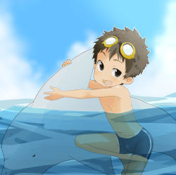 Rule 34 | 1boy, :d, blue jammers, blue male swimwear, brown eyes, brown hair, dolphin, foot out of frame, from side, goggles, goggles on head, jammers, kyouyuu, looking at viewer, looking to the side, male focus, male swimwear, open mouth, original, partially submerged, smile, solo, spiked hair, swimsuit, water