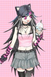 Rule 34 | 1girl, :d, alternate costume, animal ears, bare shoulders, belt, black belt, black hair, black headwear, black nails, black thighhighs, blue hair, breasts, brown background, cleavage, collar, cup, danganronpa (series), danganronpa 2: goodbye despair, earrings, fake animal ears, grey skirt, highres, holding, holding cup, jewelry, medium breasts, midriff, mioda ibuki, multicolored hair, nail polish, navel, necklace, open mouth, pink background, pink eyes, pink hair, ring, skirt, smile, solo, spiked collar, spikes, stomach, thighhighs, white hair, xu (t3hg2), zettai ryouiki