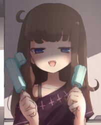 Rule 34 | 1girl, :d, blue eyes, brown hair, cross print, failure, fangs, food, half-closed eyes, hands up, highres, holding, holding food, holding popsicle, kurosu aroma, long hair, looking at viewer, open mouth, popsicle, pretty series, pripara, purple shirt, ruru ashihara, shaded face, shirt, short sleeves, smile, solo, third-party source, unequal popsicle division, upper body