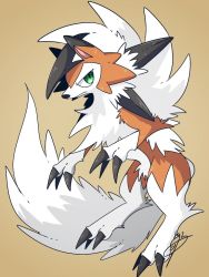 Rule 34 | bad id, bad twitter id, brown background, claws, closed mouth, commentary request, creatures (company), full body, game freak, gen 7 pokemon, green eyes, looking back, lycanroc, lycanroc (dusk), nintendo, no humans, pokemon, pokemon (creature), signature, simple background, solo, uru (ururu0731), white fur