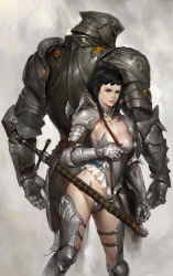 Rule 34 | 1boy, 1girl, armor, back, bikini armor, black hair, blue eyes, breasts, collarbone, couter, crotch plate, delke js, full armor, gauntlets, gorget, greaves, grey background, height difference, helm, helmet, holding strap, large breasts, legs apart, lips, looking at viewer, looking back, pale skin, scabbard, sheath, sheathed, short hair, shoulder armor, pauldrons, standing, strap, sword, thigh strap, weapon