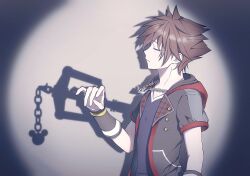 Rule 34 | 1boy, black jacket, black shirt, brown hair, chain, chain necklace, closed eyes, closed mouth, different shadow, drop shadow, from side, gongju s2, highres, jacket, keyblade, kingdom hearts, kingdom hearts iii, kingdom key, necklace, shirt, solo, sora (kingdom hearts), spiked hair, spotlight, standing, upper body