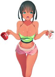 Rule 34 | 1girl, bare shoulders, bebebe (pepegakii), black hair, blue eyes, breasts, cleavage, coffee, coffee mug, covered erect nipples, cup, dark-skinned female, dark skin, highres, large breasts, looking at viewer, midriff, mug, narrow waist, navel, open mouth, original, pink shorts, short shorts, short twintails, shorts, simple background, solo, symbol-shaped pupils, thighhighs, twintails, white background