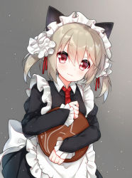 Rule 34 | 1girl, :3, animal ears, apron, black dress, blush, brown hair, cat ears, character request, closed mouth, collared dress, dress, dutch angle, frilled apron, frills, hair between eyes, hair ribbon, holding, holding tray, juliet sleeves, long hair, long sleeves, looking at viewer, maid headdress, necktie, puffy sleeves, red eyes, red necktie, red ribbon, ribbon, sleeves past wrists, solo, tengxiang lingnai, tray, twintails, warship girls r, white apron