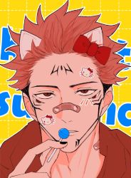 Rule 34 | 1boy, animal ears, bandaid, bandaid on face, bandaid on neck, bandaid on nose, black nails, bow, candy, cat ears, commentary request, extra eyes, facial tattoo, food, hair bow, hello kitty, hello kitty (character), highres, holding, holding candy, holding food, holding lollipop, hood, hoodie, j haann, jujutsu kaisen, lollipop, looking at viewer, male focus, nail polish, parted lips, pink hair, red eyes, red hoodie, ryoumen sukuna (jujutsu kaisen), sanrio, short hair, sticker, sticker on face, tattoo, undercut