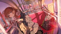 Rule 34 | 1girl, black bag, black jacket, black pantyhose, blush, brown skirt, building, closed mouth, commentary request, ferris wheel, jacket, long hair, long sleeves, looking at viewer, on chair, original, pantyhose, pink eyes, plaid, plaid scarf, plaid skirt, sakatsuki yakumo, scarf, school swimsuit, sitting, skirt, smile, solo, swimsuit, twintails