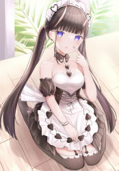 Rule 34 | 1girl, absurdres, apron, azur lane, black dress, black garter straps, breasts, brown hair, brown thighhighs, cleavage, detached collar, detached sleeves, dress, garter straps, highres, horns, long hair, looking at viewer, maid, maid apron, maid headdress, medium breasts, noshiro (azur lane), noshiro (hold the ice) (azur lane), official alternate costume, oni horns, pakupaku516, puffy short sleeves, puffy sleeves, purple eyes, seiza, short sleeves, sitting, solo, strapless, strapless dress, thighhighs, twintails, white apron, wooden floor