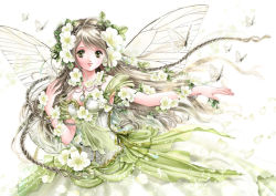 Rule 34 | 1girl, blonde hair, braid, bug, butterfly, butterfly wings, dress, fairy, floating hair, flower, gown, green eyes, hair flower, hair ornament, insect, insect wings, lace, long hair, outstretched arm, parted lips, petals, shiitake (gensoudou), solo, white background, white dress, wings