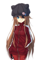 Rule 34 | 10s, 1girl, animal ears, animal hat, arm at side, badge, bandages, black hat, blue eyes, blush, bodysuit, bodysuit under clothes, breasts, brown hair, button badge, cabbie hat, cat ears, cat hat, closed mouth, cowboy shot, evangelion: 3.0 you can (not) redo, eyepatch, fake animal ears, frown, hair between eyes, hand in pocket, hat, hat ornament, jacket, long hair, long sleeves, looking at viewer, neon genesis evangelion, pilot suit, plugsuit, pocket, rebuild of evangelion, red jacket, sidelocks, simple background, single vertical stripe, skull print, small breasts, solo, souryuu asuka langley, standing, straight hair, tape, totika, track jacket, turtleneck, very long hair, white background, zipper, zipper pull tab