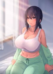 Rule 34 | 1girl, bare shoulders, barefoot, black hair, blush, breasts, cardigan, cleavage, commentary request, crop top, curtains, green cardigan, green pants, grey eyes, hair between eyes, highres, huge breasts, indoors, large breasts, low tied hair, midriff, mole, mole under mouth, natsuishi nana, navel, off shoulder, open mouth, original, pants, sidelocks, sitting, solo, sunlight, tank top, wariza, white tank top, window