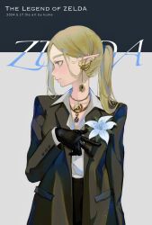Rule 34 | 1girl, alternate costume, alternate hairstyle, black gloves, black jacket, blonde hair, character name, copyright name, ear piercing, earrings, fashion, formal, gloves, highres, jacket, jewelry, jiuminene, long hair, looking to the side, nintendo, piercing, pointy ears, ponytail, princess zelda, profile, shirt, silent princess, solo, suit, the legend of zelda, the legend of zelda: breath of the wild, the legend of zelda: tears of the kingdom, white shirt