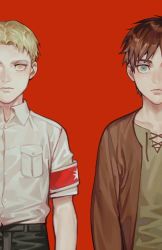 Rule 34 | 2boys, aged down, armband, blonde hair, brown hair, brown shirt, child, collared shirt, cross-laced slit, eren yeager, expressionless, green eyes, looking at viewer, male focus, marley military uniform, multiple boys, open clothes, open shirt, pants, red background, reiner braun, shingeki no kyojin, shirt, side-by-side, thick eyebrows, white shirt, zoo (oukakumaku)