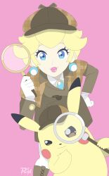 Rule 34 | 1girl, absurdres, blonde hair, blue eyes, boots, brown footwear, closed mouth, coat, creatures (company), detective, detective hat, detective peach, detective pikachu, detective pikachu (character), earrings, game freak, gen 1 pokemon, gloves, highres, holding, holding magnifying glass, jewelry, leaning forward, lips, long hair, looking at viewer, magnifying glass, mario (series), nintendo, pantyhose, pikachu, pink background, pink lips, pokemon, pokemon (creature), princess peach, princess peach: showtime!, r3dfive, simple background, smile, standing, white gloves, white pantyhose
