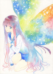 Rule 34 | agahari, bare legs, blue eyes, blue hair, blue neckerchief, blue skirt, brown hair, calligraphy brush, calligraphy brush (medium), closed mouth, expressionless, fairy wings, full body, gradient hair, green eyes, highres, kneeling, long hair, long sleeves, looking at viewer, multicolored eyes, multicolored hair, multicolored wings, neckerchief, original, paintbrush, school uniform, shirt, simple background, skirt, solo, traditional media, very long hair, white background, white shirt, wings