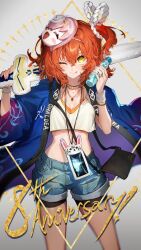 Rule 34 | 1girl, anniversary, bottle, closed mouth, crop top, denim, denim shorts, fate/grand order, fate (series), fujimaru ritsuka (female), galibo, glass bottle, hair between eyes, highres, holding, holding bottle, holding sword, holding weapon, jewelry, lanyard, looking at viewer, mash kyrielight, medium hair, necklace, one eye closed, pearl necklace, pink nails, ramune, shorts, side ponytail, smile, solo, sword, tongue, tongue out, toy sword, weapon, yellow eyes
