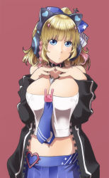 Rule 34 | 1girl, alto-00, arms up, azur lane, between breasts, blonde hair, blue eyes, breasts, cleavage, dog tags, hair ornament, hair ribbon, hairclip, headphones, highres, jacket, large breasts, looking at viewer, midriff, navel, nipples, red background, ribbon, richmond (azur lane), short hair, simple background, solo
