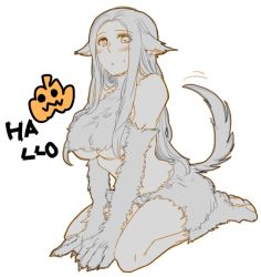 Rule 34 | 1girl, a will, animal hands, breasts, fur, gloves, halloween, halloween costume, jack-o&#039;-lantern, kago1205, large breasts, long hair, monochrome, paw gloves, paw shoes, shoes, solo, tail, tail wagging, underboob